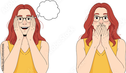 Surprised woman with glasses covering mouth, emotional reaction and facial expression concept flat vector illustration
