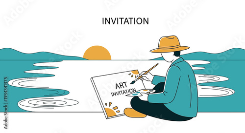 Artist Paints Invitation Art by Lakeside at Sunset
