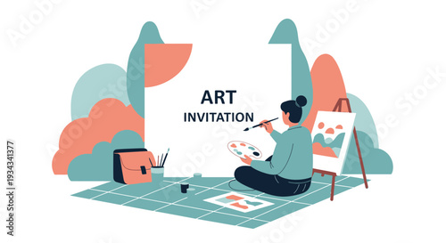 Artist paints invitation design with floral elements on canvas, creative hobby