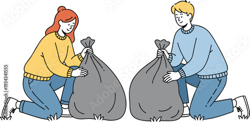 Volunteers collecting trash bags, environmental cleanup and community service teamwork flat vector illustration