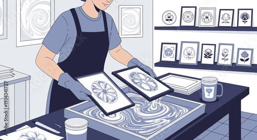 Artist Performing Marbling Art Technique on Paper in Studio