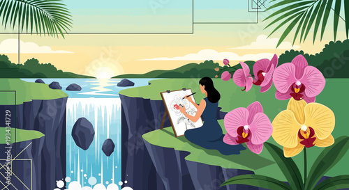 Artist paints tropical waterfall landscape with orchids and palm leaves