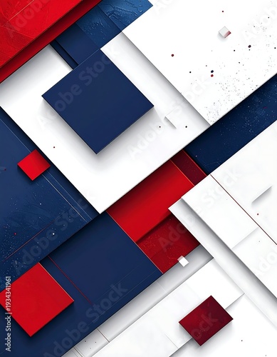 An abstract, geometric composition featuring a vibrant interplay of blue, red, and white squares and rectangles, creating depth