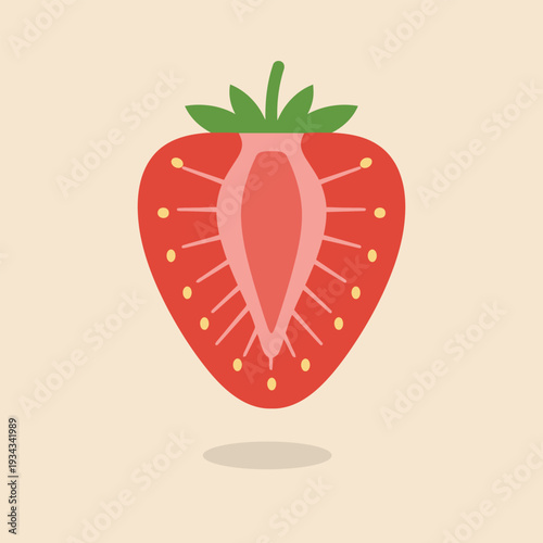 Vector illustration of a cut open red strawberry with green leaves on top and seeds on a beige background