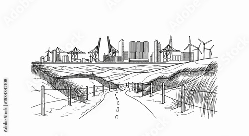 Drawing of a road through grassy hills towards a cityscape with cranes, silos, and turbines