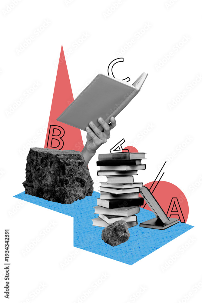 Fototapeta premium Vertical photo collage of hand hold book education reader library stone notepad letters glossary bookworm isolated on painted background