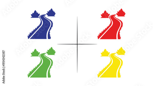 Four stylized road signs with directional arrows in different colors