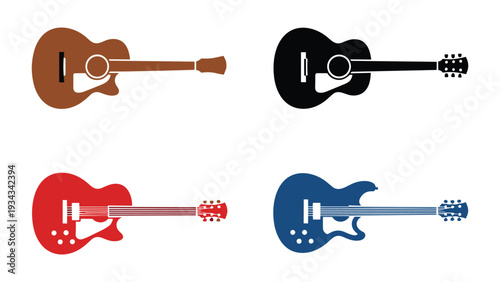 Four distinct types of guitars showcased in vibrant colors and sleek designs