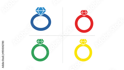 Four stylish rings with gemstones in vibrant colors displayed side by side