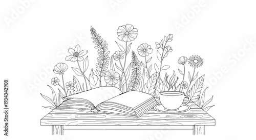 Open book and coffee cup on wooden table with floral background