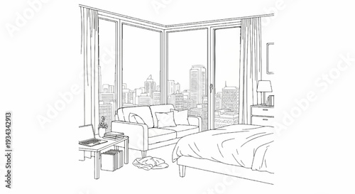Cozy bedroom interior with a view of a bustling city skyline from large windows