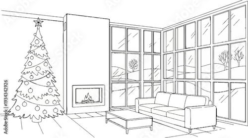 Cozy living room with Christmas tree, fireplace, and large windows
