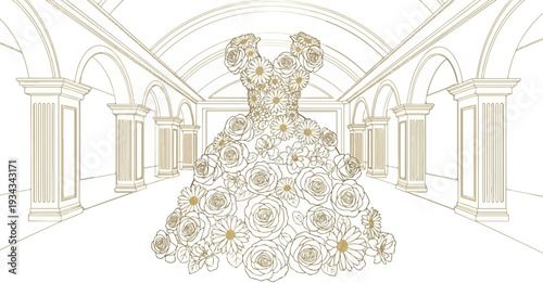 Ornate classical interior showcases a dress crafted from blooming flowers