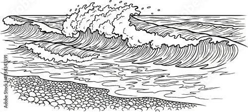 Foamy waves crash on a pebble beach, rendered in classic black and white
