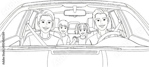 Happy family of four enjoys a car ride, faces beaming with smiles