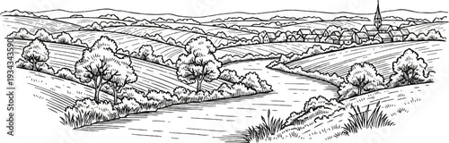 Rolling hills, a meandering river, and a quaint village create a picturesque rural scene
