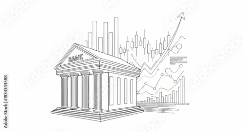 Classical bank building with upward trending financial charts and graphs