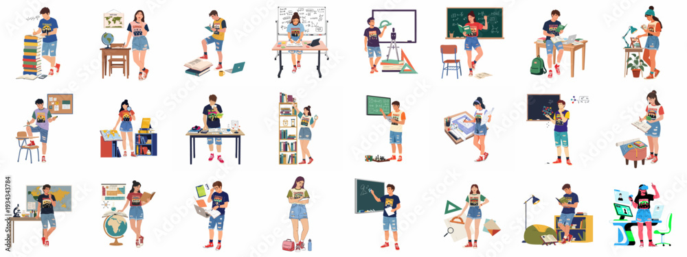 Obraz premium Diverse young students engaged in various academic activities, from traditional studying with books and blackboards to modern digital learning and virtual reality.