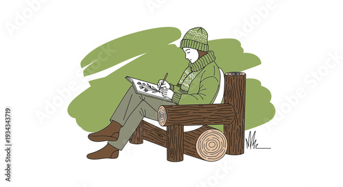 Artist sketching outdoors in winter, seated on log bench, green background