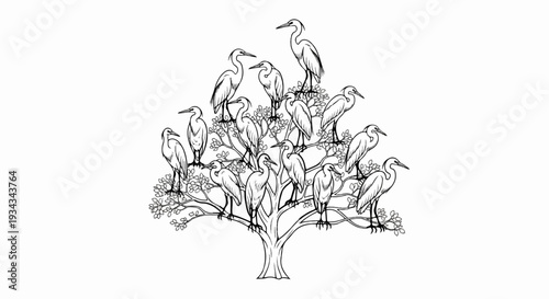 Flock of birds perched on a blossoming tree branch
