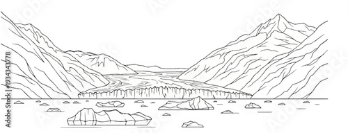 Jagged mountains frame a massive glacier flowing into an icy sea with scattered icebergs