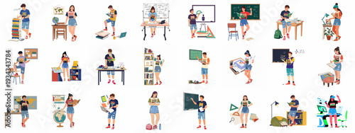 Diverse young students engaged in various academic activities, from traditional studying with books and blackboards to modern digital learning and virtual reality.