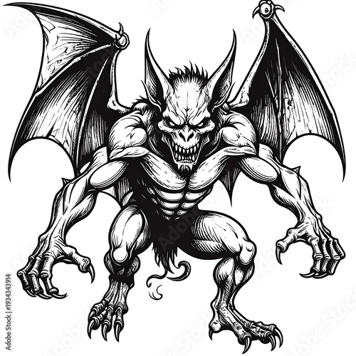 Black and white illustration of a fearsome bat-winged creature, crouching menacingly. Sharp teeth, claws and a scowling face