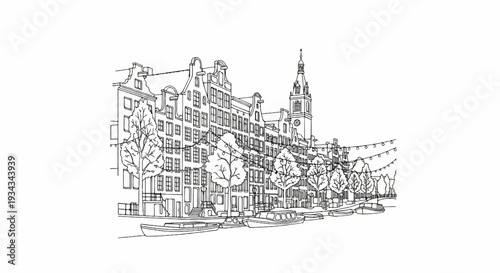 Sketch of historic canal houses with trees and boats