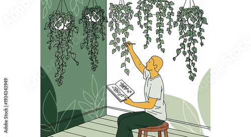 Artist Sketching Hanging Plants in Modern Interior Design
