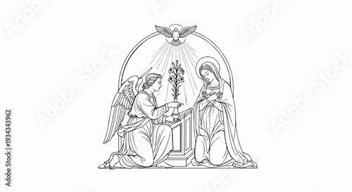 Angel announces to kneeling virgin, dove descends with rays