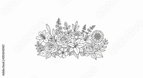 Elegant floral arrangement with roses, lilies, and a sunflower