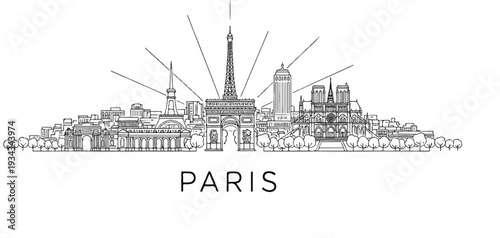 Hand-drawn sketch of Parisian landmarks, featuring the Eiffel Tower, Arc de Triomphe