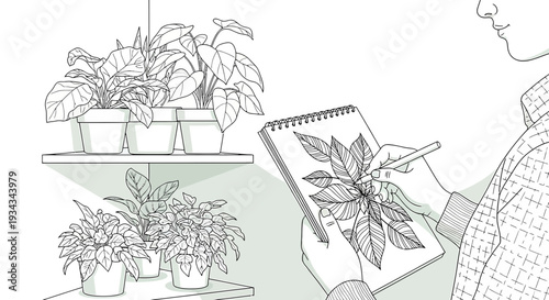 Artist Sketching Houseplants in Sketchbook, Botanical Drawing Line Art
