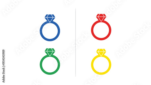 Four colorful rings with distinct gemstones displayed in a row