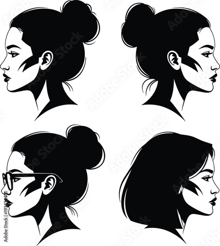 Schilderij op canvas Set of woman profile silhouettes with messy bun hairstyle and glasses, cad drawi