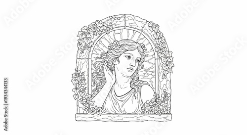 Classic lady with flowing hair and flowers gazes through an ivy-adorned archway