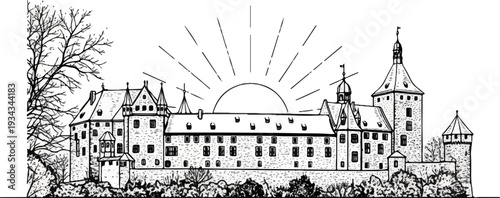 Stone castle with towers and a rising sun behind bare trees