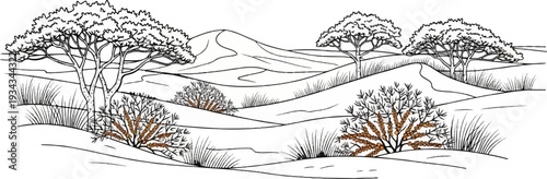 Stylized desert landscape with rolling dunes, sparse trees, and scrubby bushes
