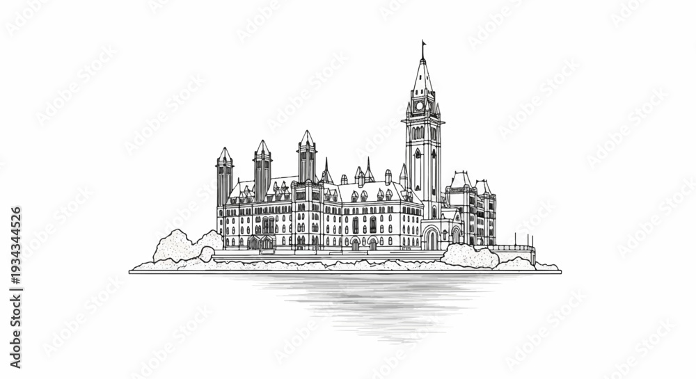 Fototapeta premium Ornate Gothic-style building with multiple towers, clock, and arched windows
