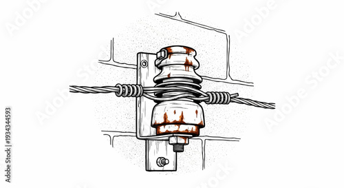 Illustration of old ceramic wire insulator attached to brick wall