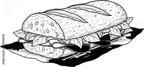 A detailed black and white sketch of a long sandwich filled with meat and greens
