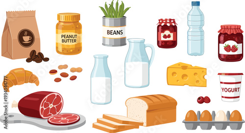 Grocery Food Products Set with Bread, Milk, Cheese, Eggs, Coffee, Jam, Peanut Butter and Fresh Meat Vector Illustration