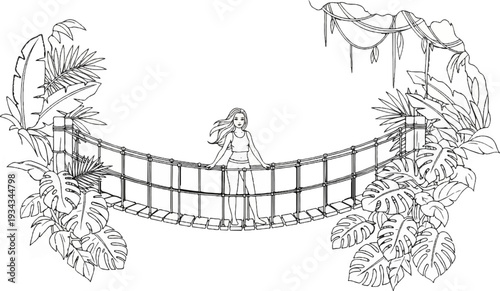 Young woman on jungle suspension bridge amidst lush foliage and vines