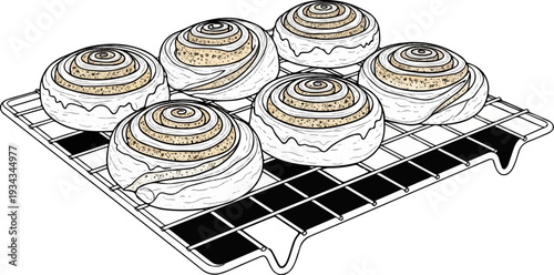 Six frosted cinnamon rolls with swirled icing sit on a wire cooling rack