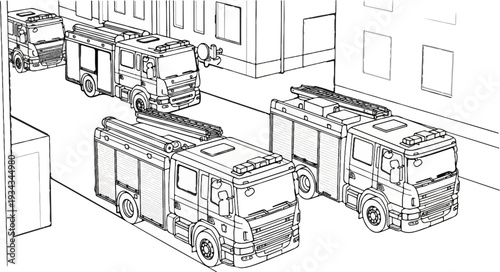 Several fire trucks are parked on a city street in this line drawing