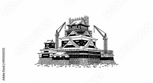 Traditional castle undergoes renovation with cranes and scaffolding