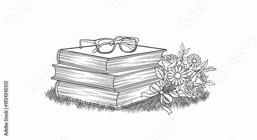 Stack of books with glasses on top, near a bouquet on grass