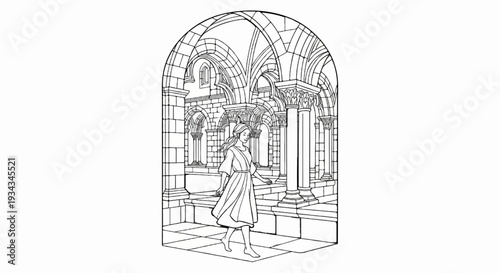 Young woman walks through ancient stone arches