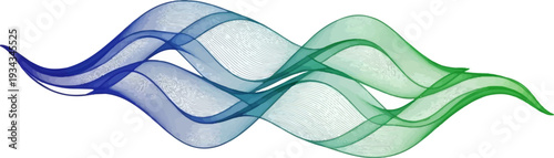 Smooth blue and green wavy ribbons with light gray brushstroke texture