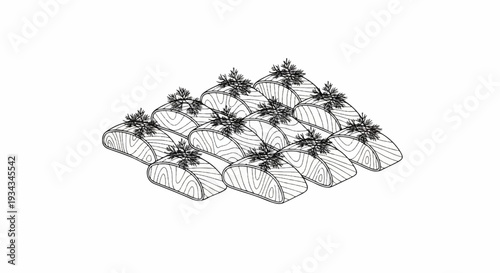 Stacked slices of fish with a sprig of green herbs on each piece